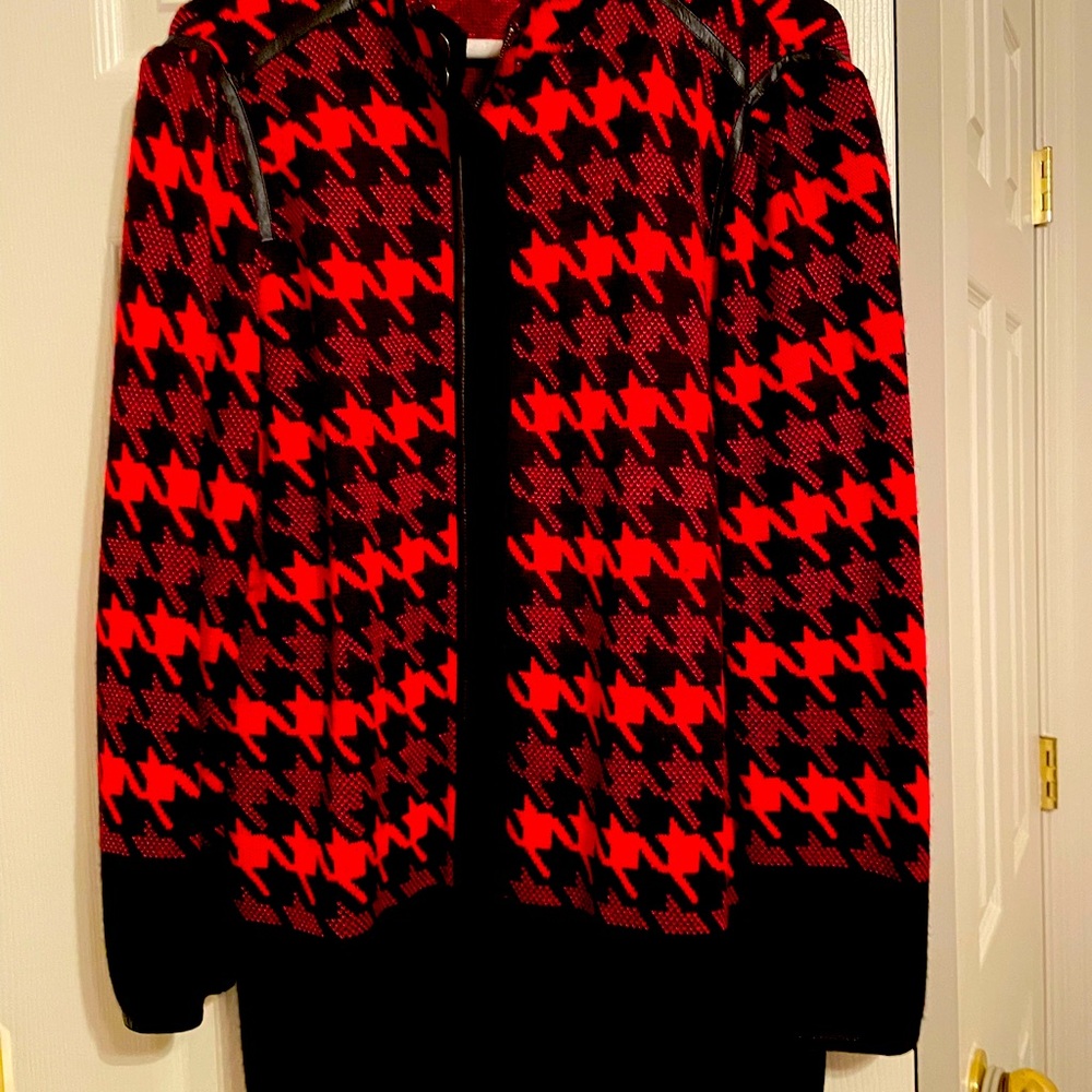 Ming Wang red and black checked jacket. Leather trim.